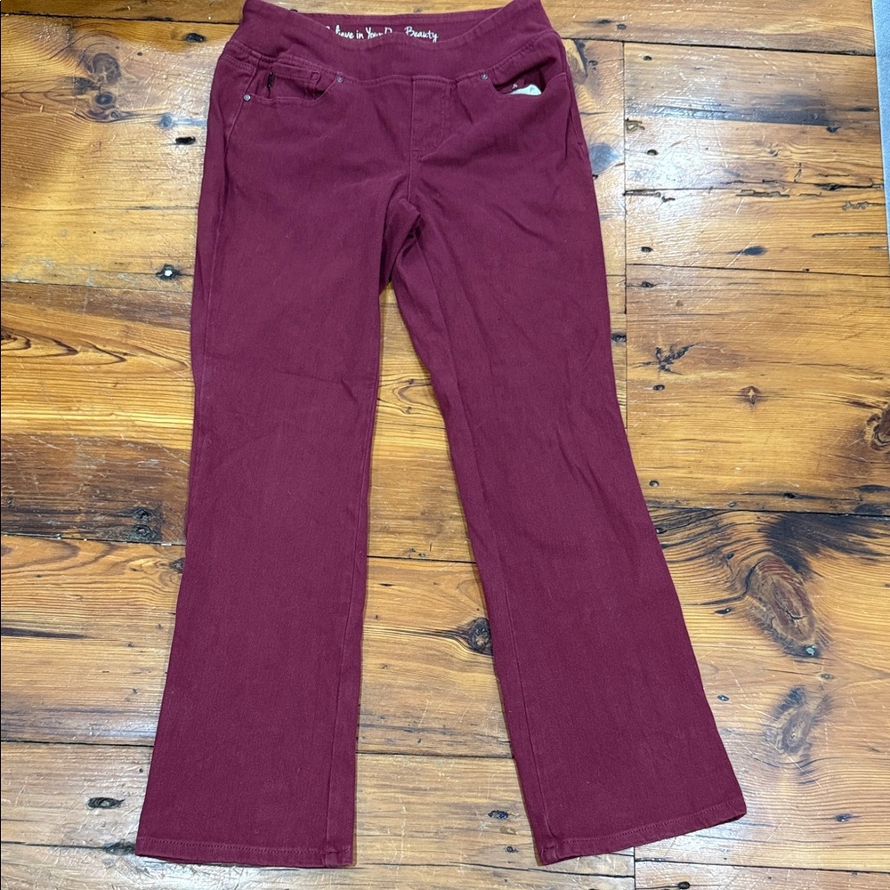 Belle by Kim Gravel Deep Red Trousers Stretch Jean Pants Size 10 Wide Leg